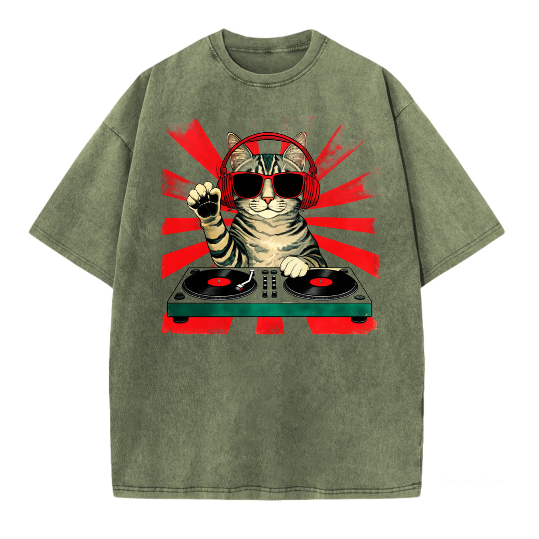 Funny DJ Cat Graphic Washed T-Shirt